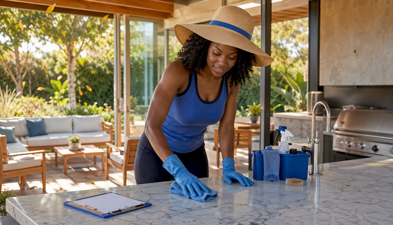 Housekeeper cleaning rental kitchen surfaces