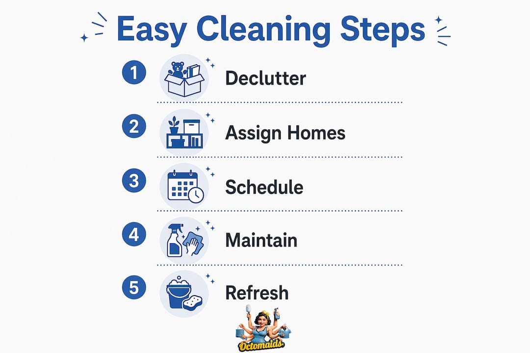 Infographic showing easy cleaning steps for home organization
