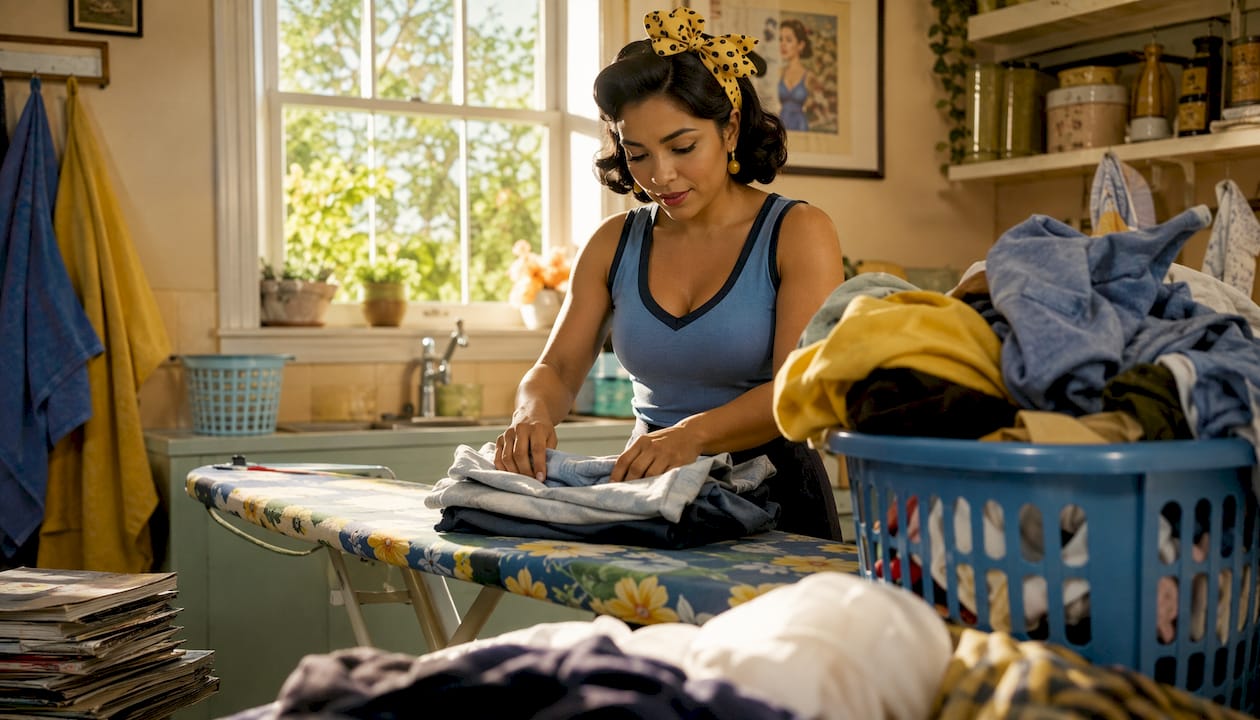 Person folding laundry amid cluttered living room