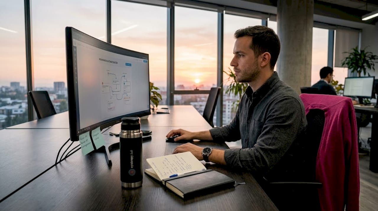 Empleado diseñando un flujo de automatización en su escritorio de oficina