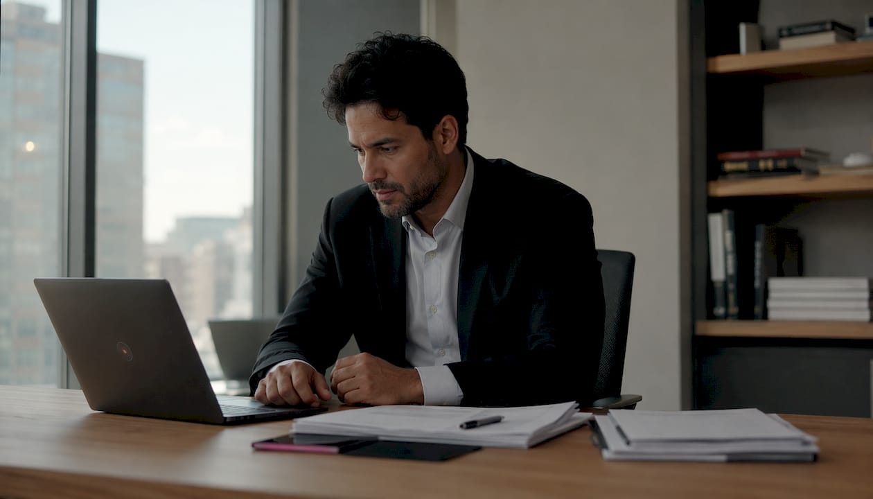Un abogado revisa documentos en su despacho, concentrado en el trabajo sobre su escritorio.