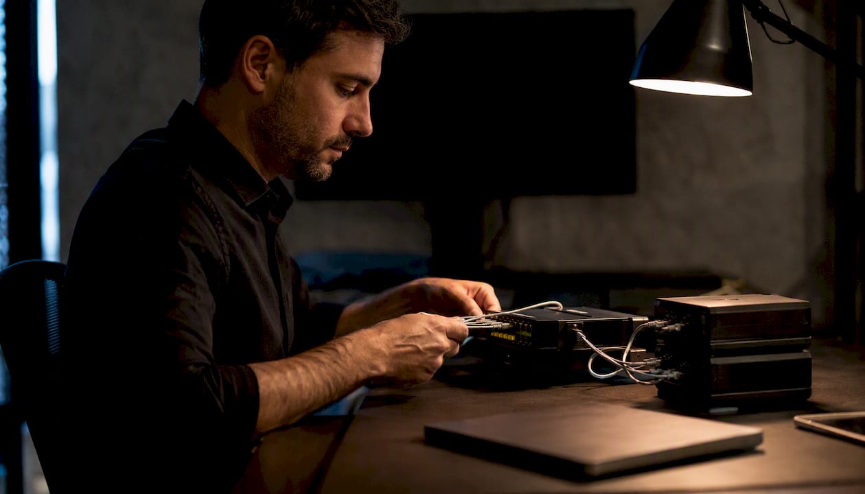 Manos conectando cables, representando la integración y el buen gobierno de los sistemas.