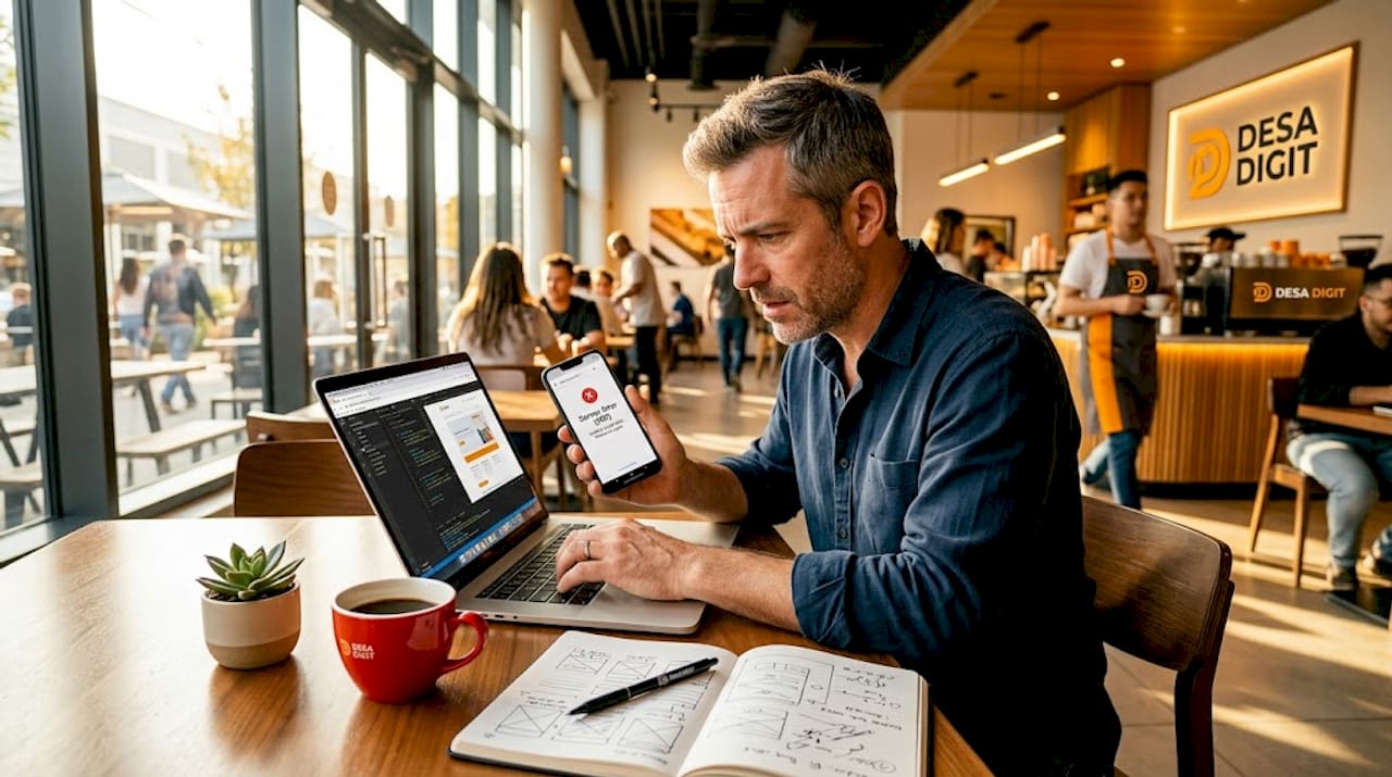 Web developer checking site downtime at desk