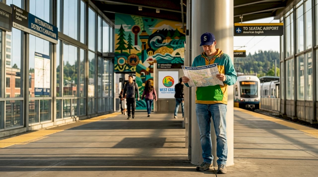 Traveler waits for Seattle light rail train