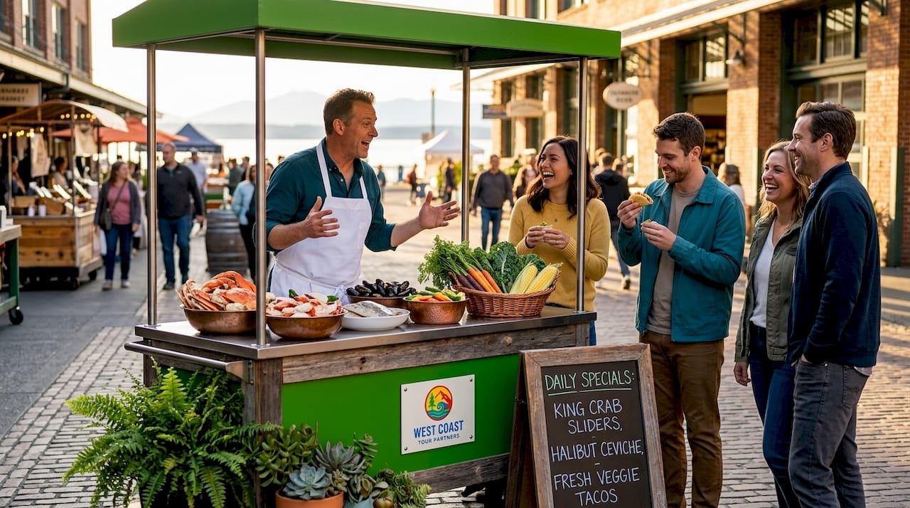Chef talks to food tour group in market