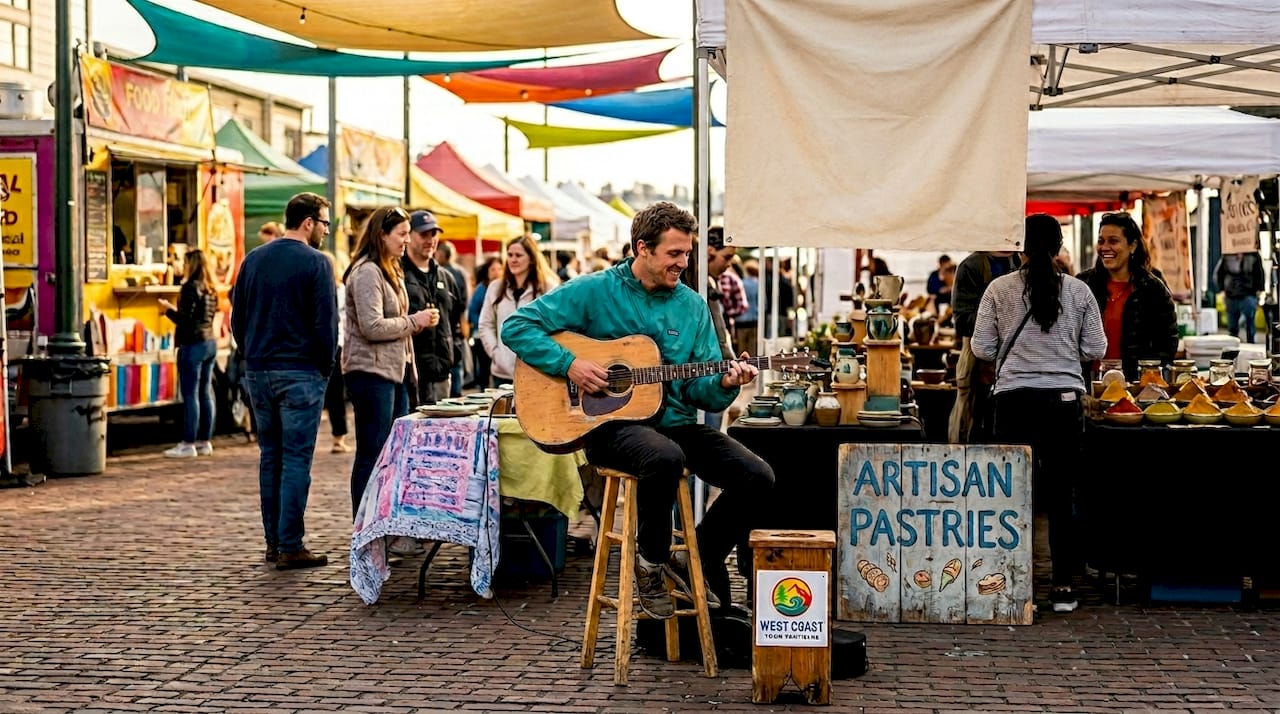 Street musician and market on Seattle waterfront