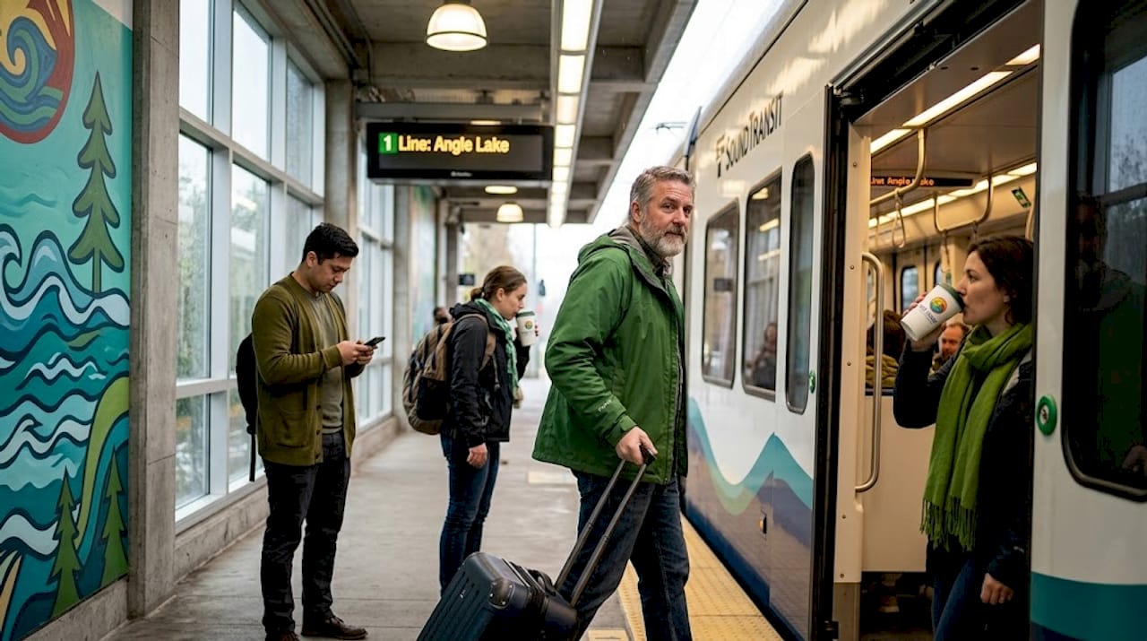Man boarding Link light rail in Seattle