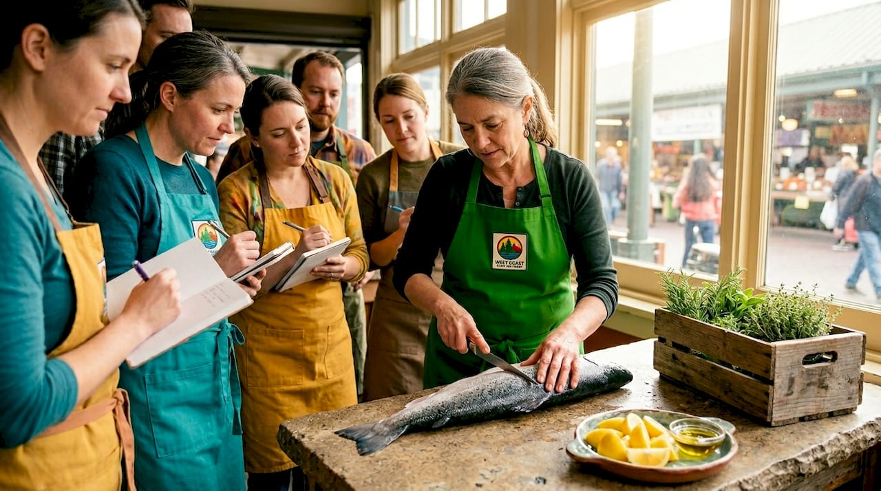 Cooking class instructor filleting salmon