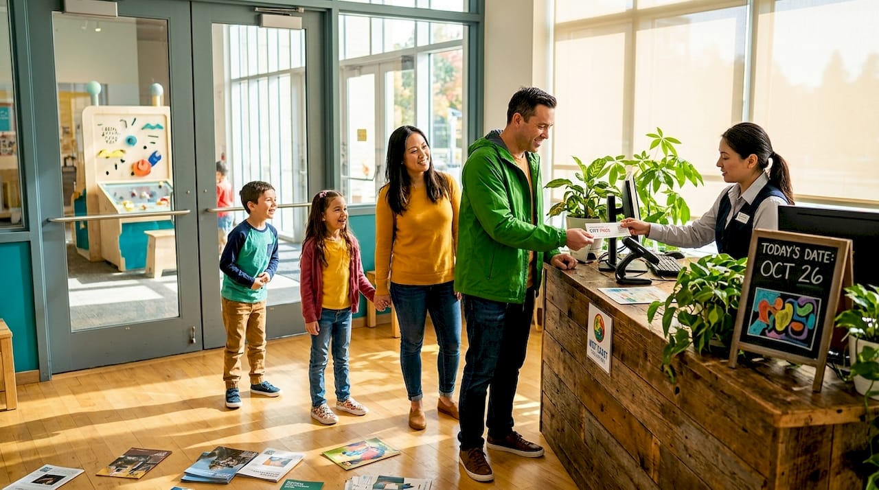 Family uses city pass at museum entrance