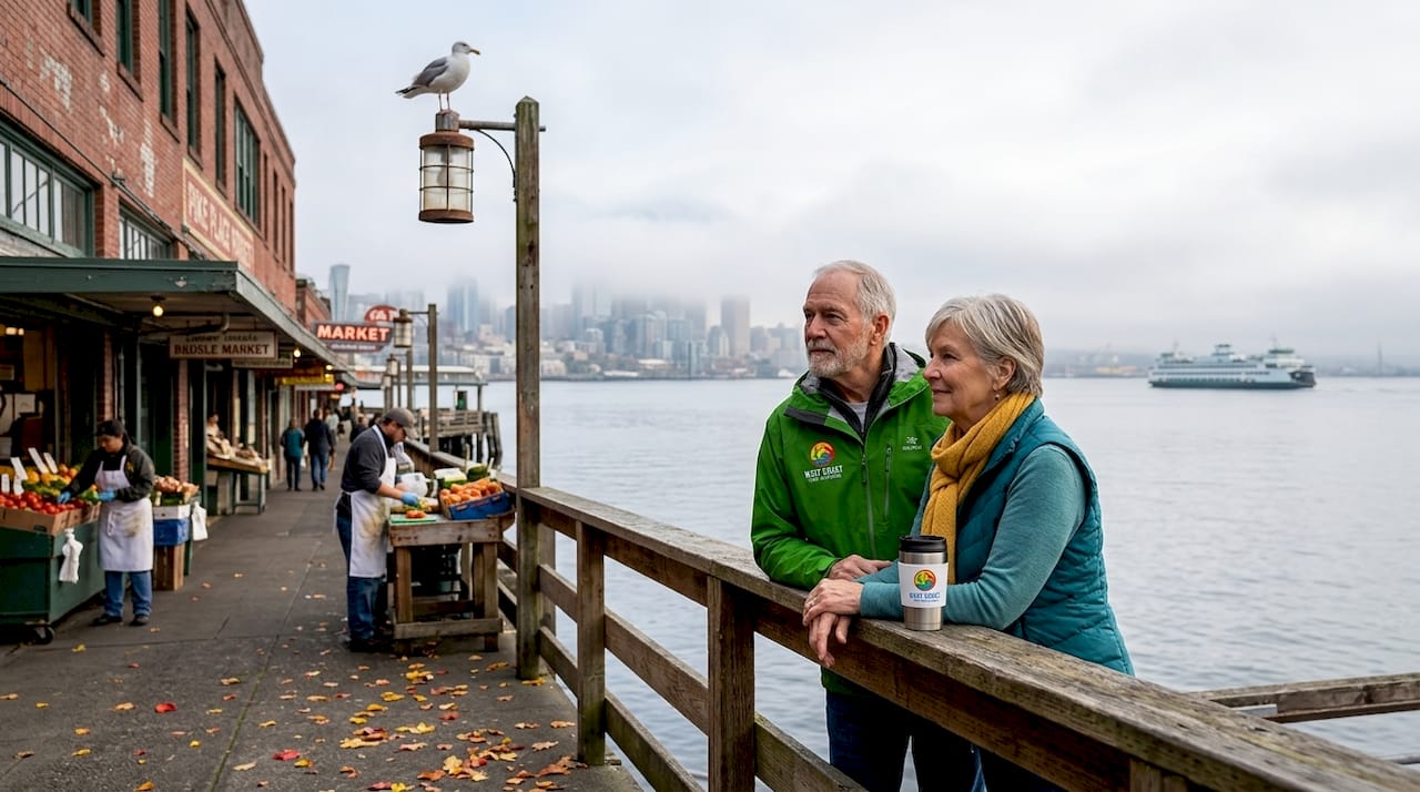 Couple at railing overlooking historic market buildings