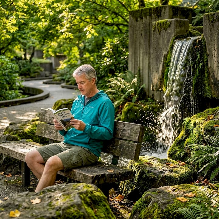 Person reading beside waterfall in Freeway Park