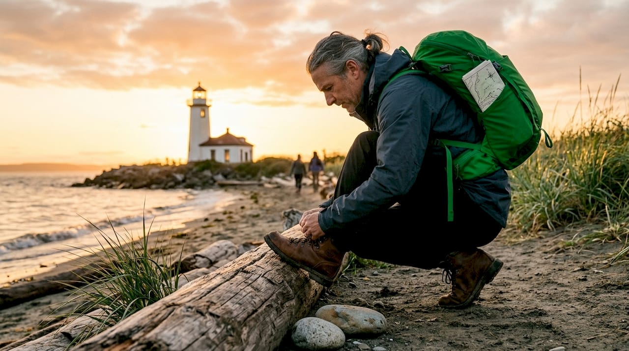 Hiker preparing near Discovery Park lighthouse