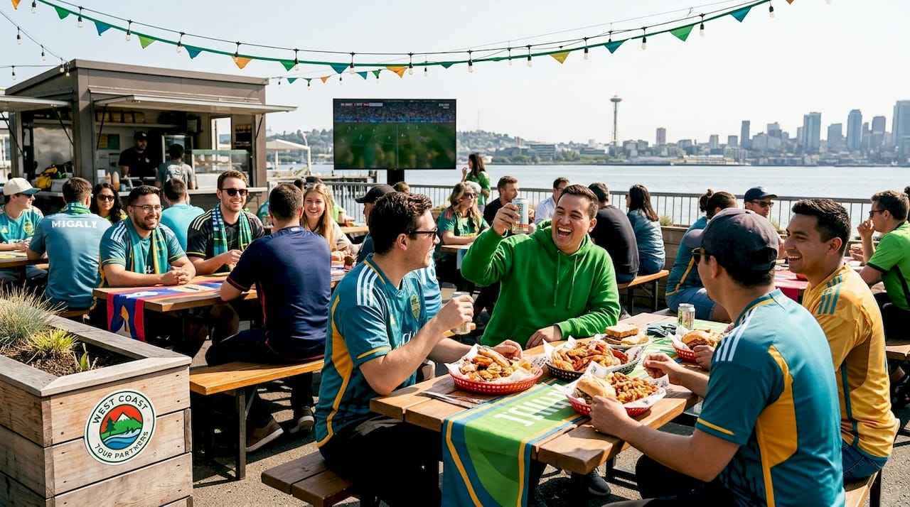 Fans gather under lights at Pike Place Market during World Cup event