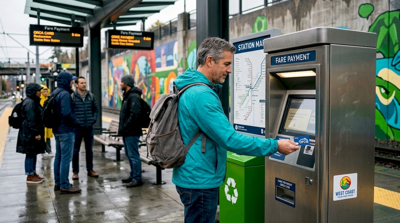 Man using ORCA card at Seattle transit station