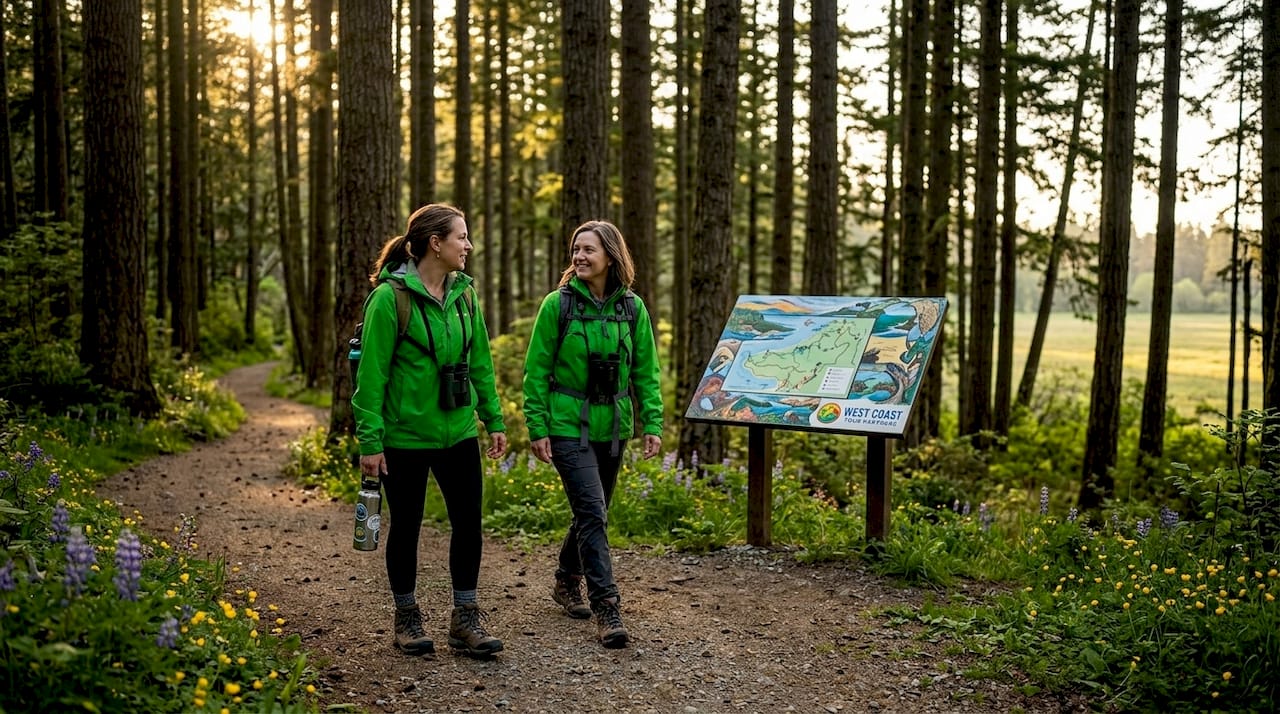 Friends walking Discovery Park trail