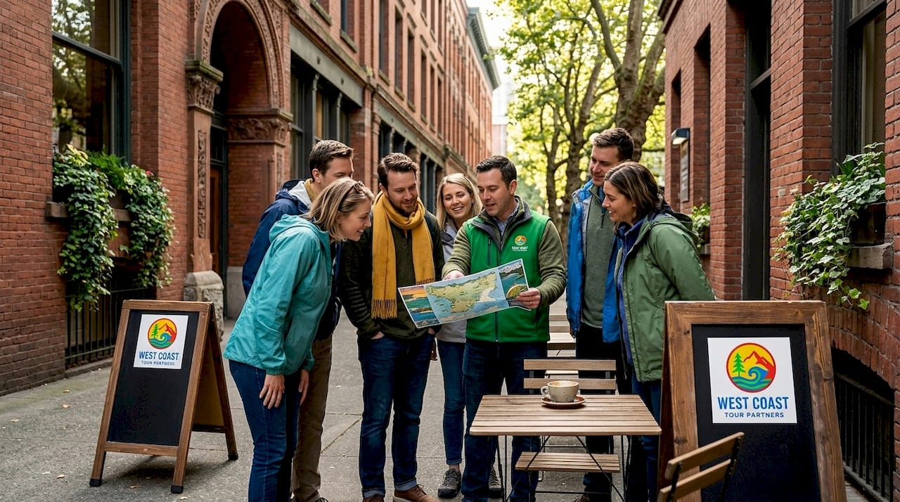 Small group on guided city tour in Seattle downtown