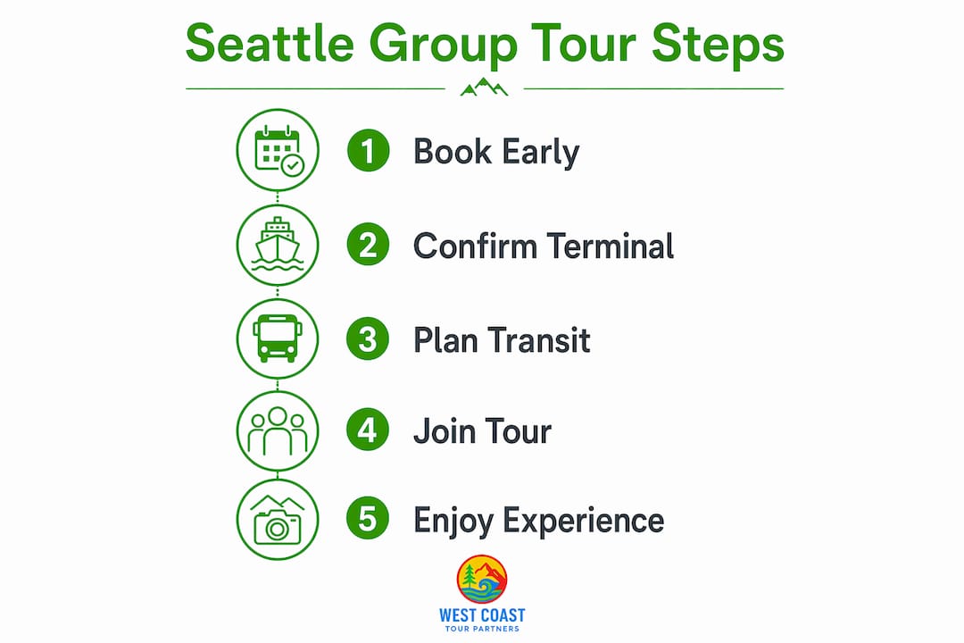 Infographic illustrating step-by-step Seattle cruise group tour process