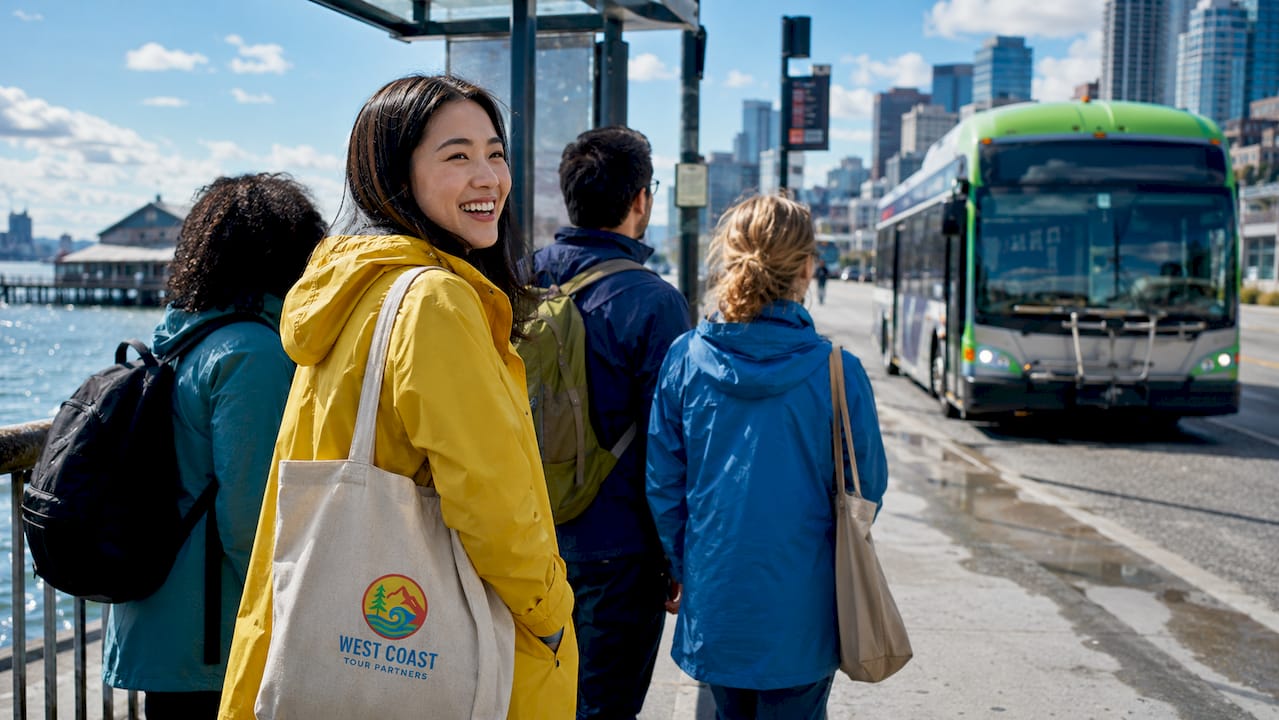 Commuters waiting for bus on rainy Seattle street