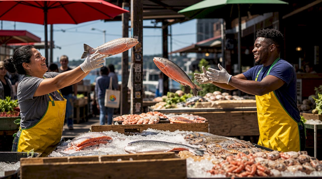 Fishmongers tossing fresh salmon indoors