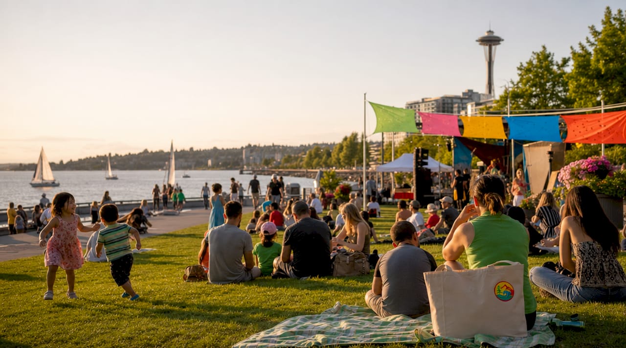 Aerial view of Seattle fan zones and major attractions