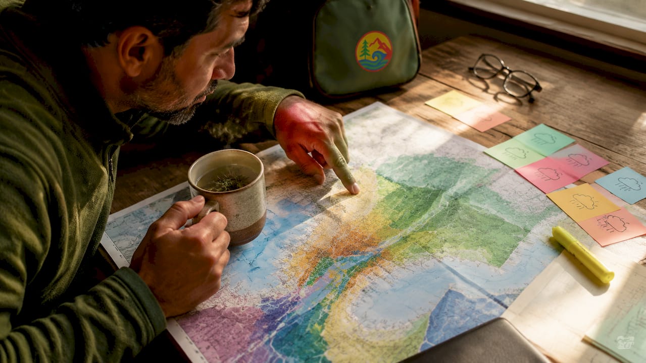 Person pointing at Seattle microclimate map