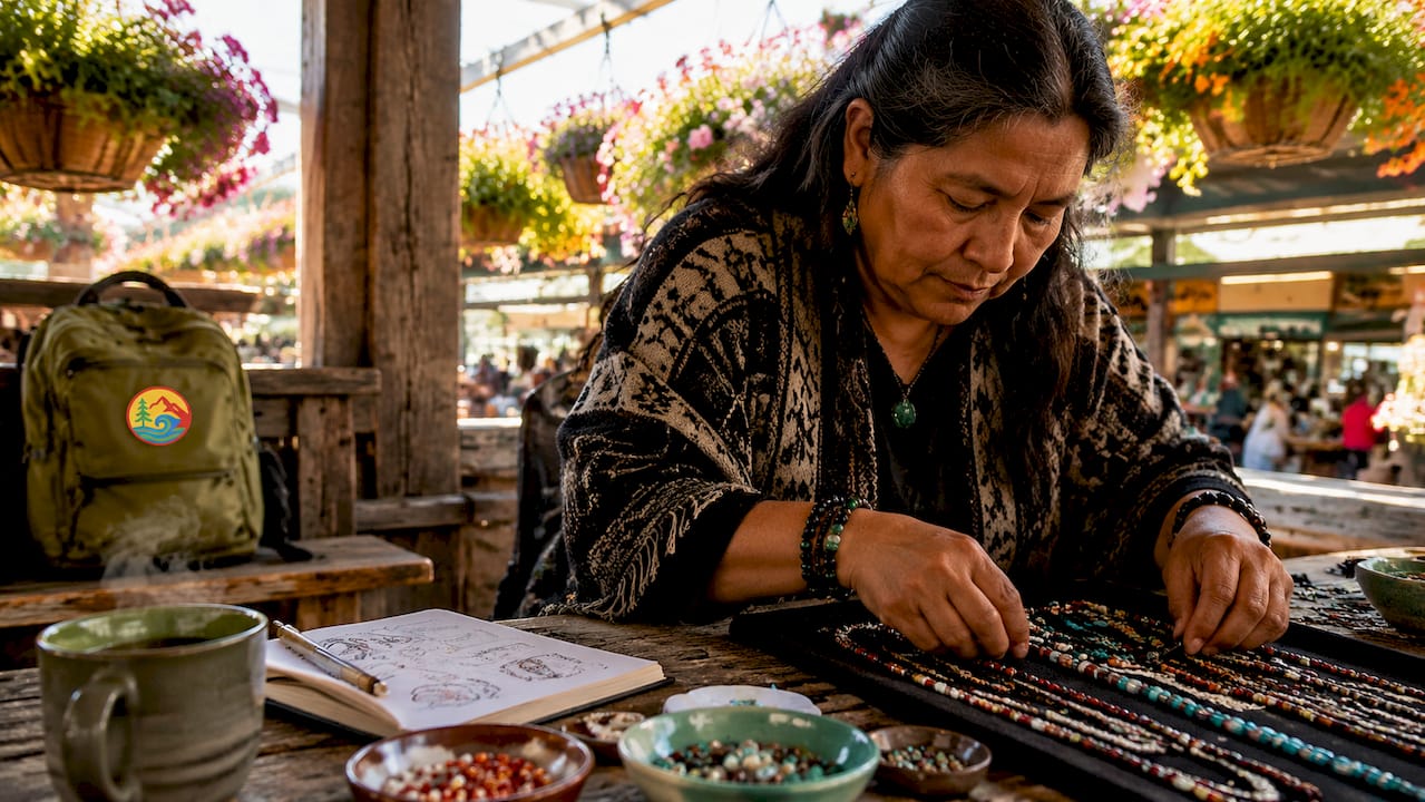 Indigenous woman crafting jewelry at Pike Place Market