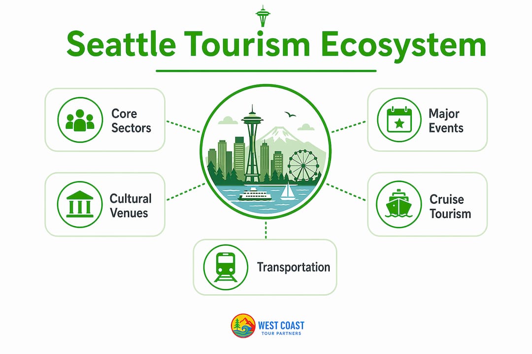 Infographic showing Seattle tourism ecosystem core sectors