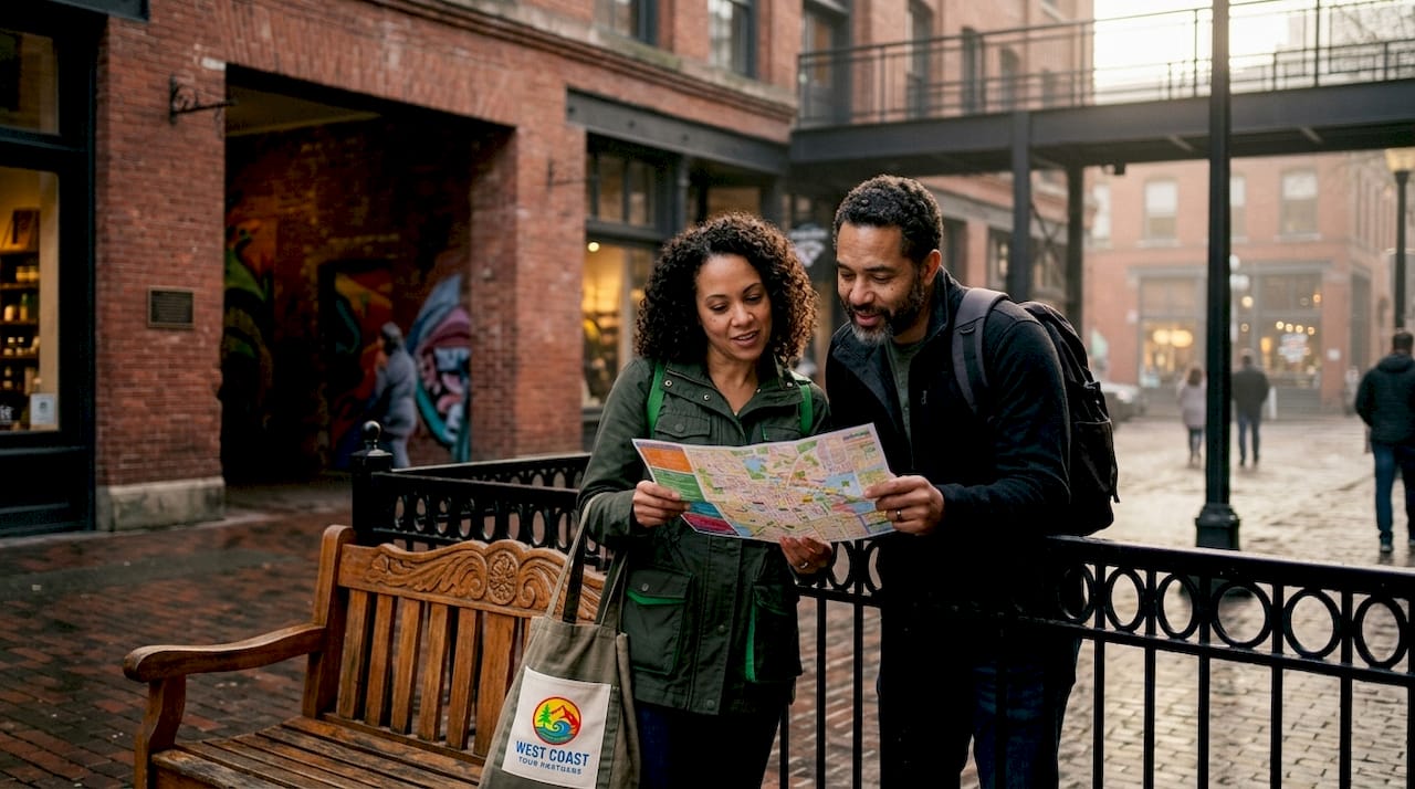 Couple exploring Pioneer Square historic district