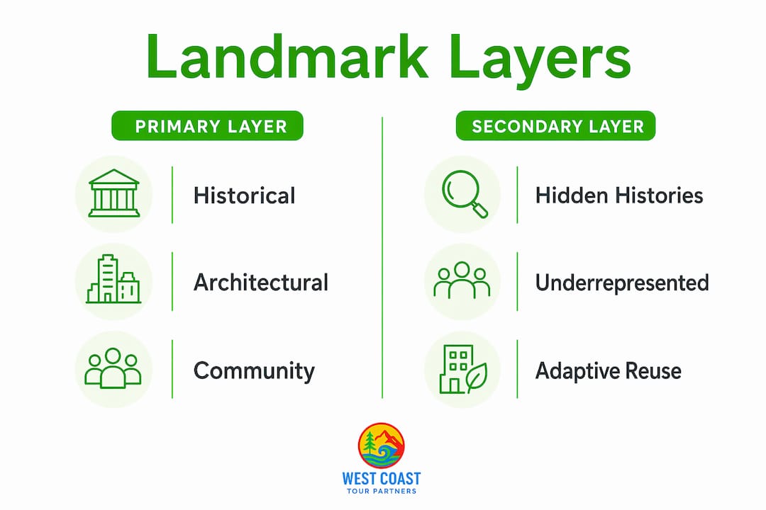 Infographic comparing primary and secondary cultural layers in Seattle landmarks