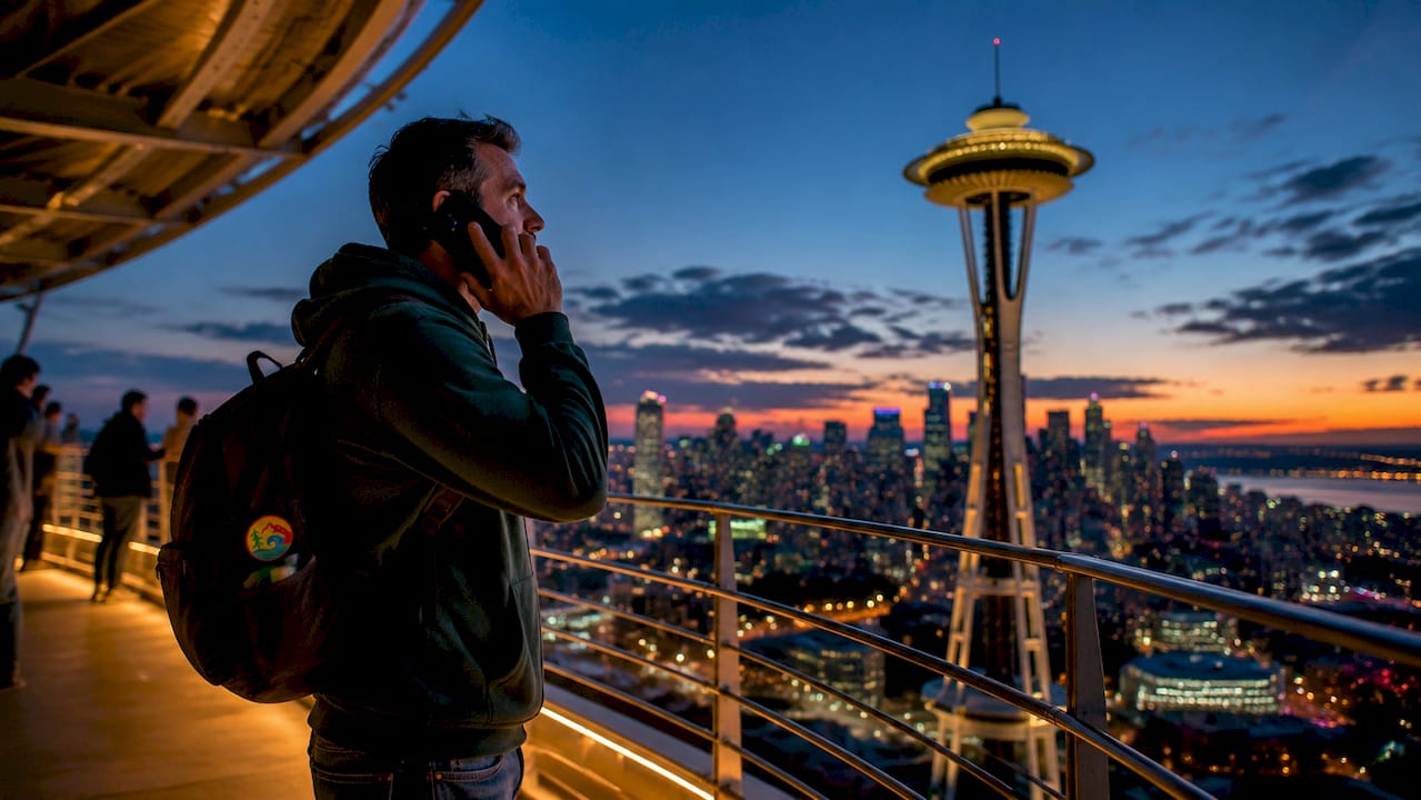 Visitor using audio guide at Space Needle