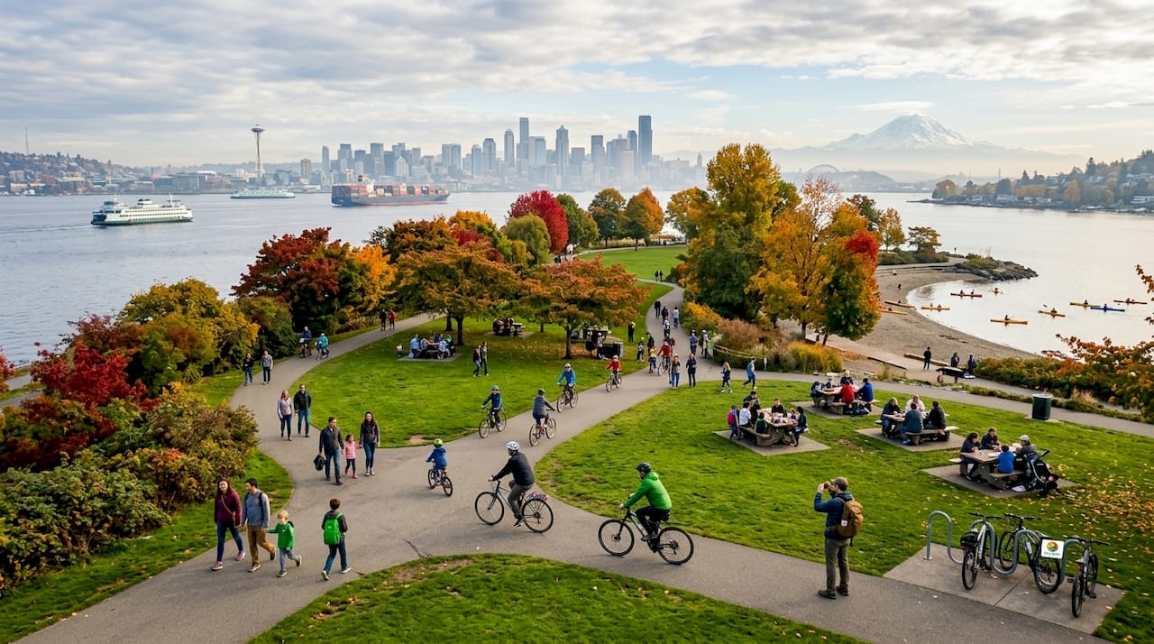 Aerial view of Seattle parks and waterways