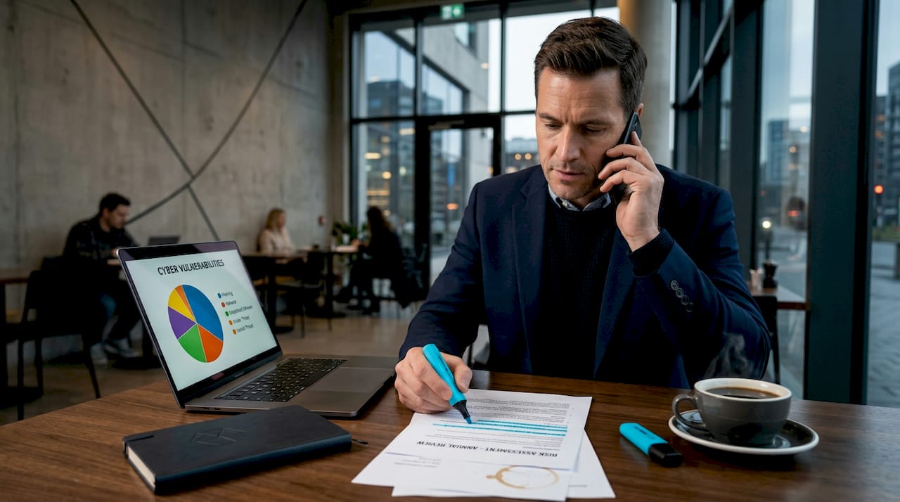 Executive discusses cyber risk at cluttered desk