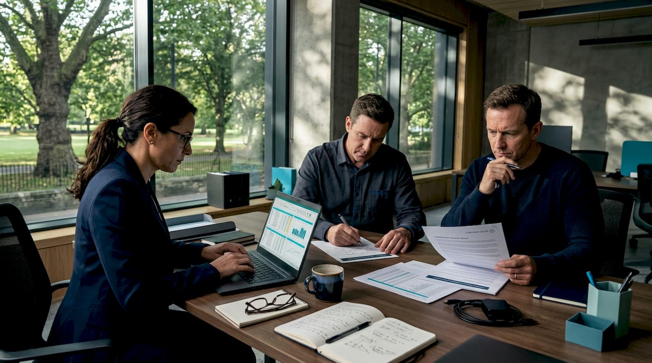Deal team reviewing cyber risks at conference table