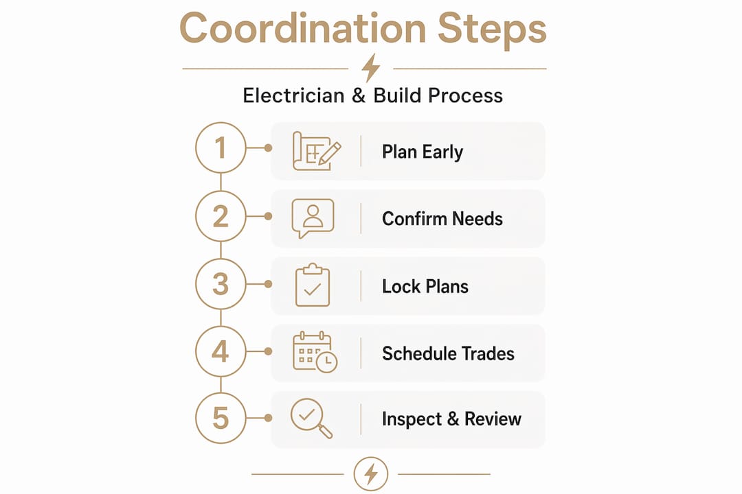 Vertical flow infographic showing steps to coordinate electrician