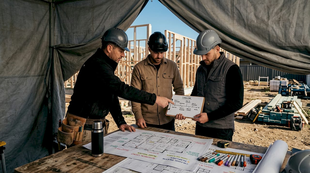 Builder, electrician, and contractor coordinating at jobsite