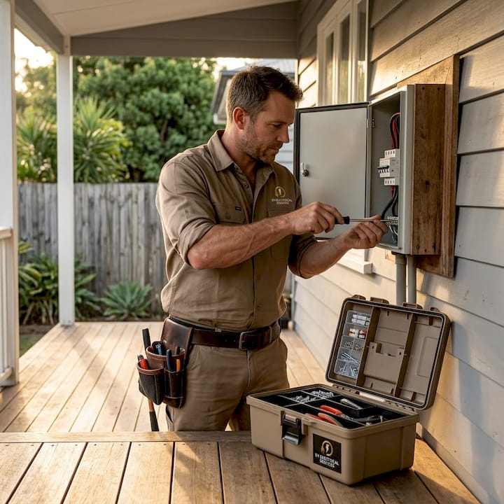 Electrician upgrading outdoor house switchboard