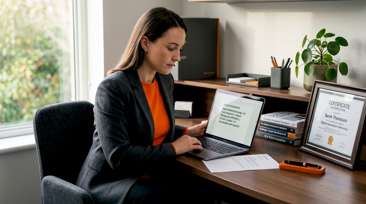 Young professional reviewing skills on sofa