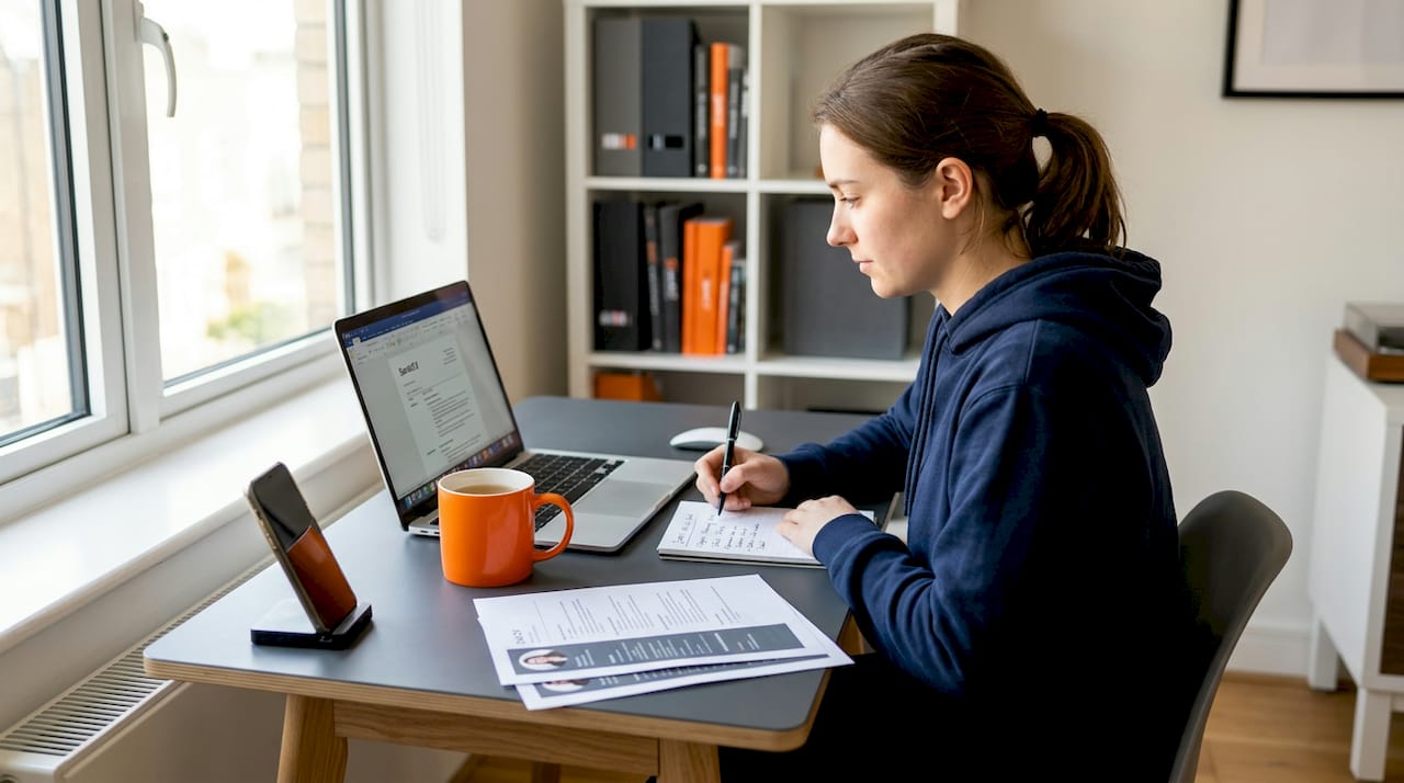 Graduate updating CV at home office desk