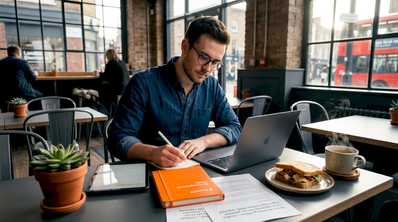 Man tailoring narrative CV at kitchen table