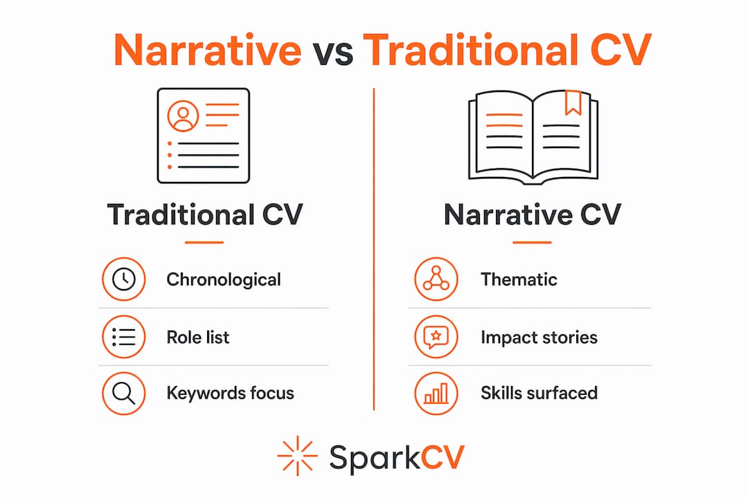 Infographic comparing narrative and traditional CV formats