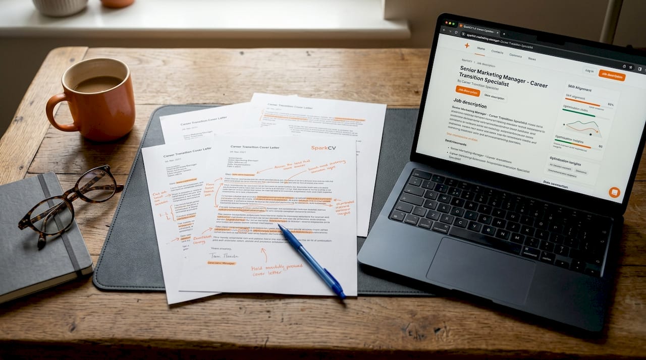 Close-up of career transition cover letter notes on desk