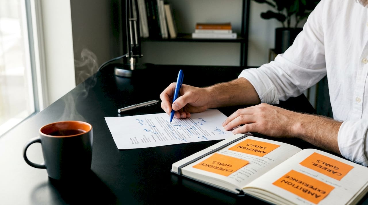Hands editing cover letter on desk with coffee