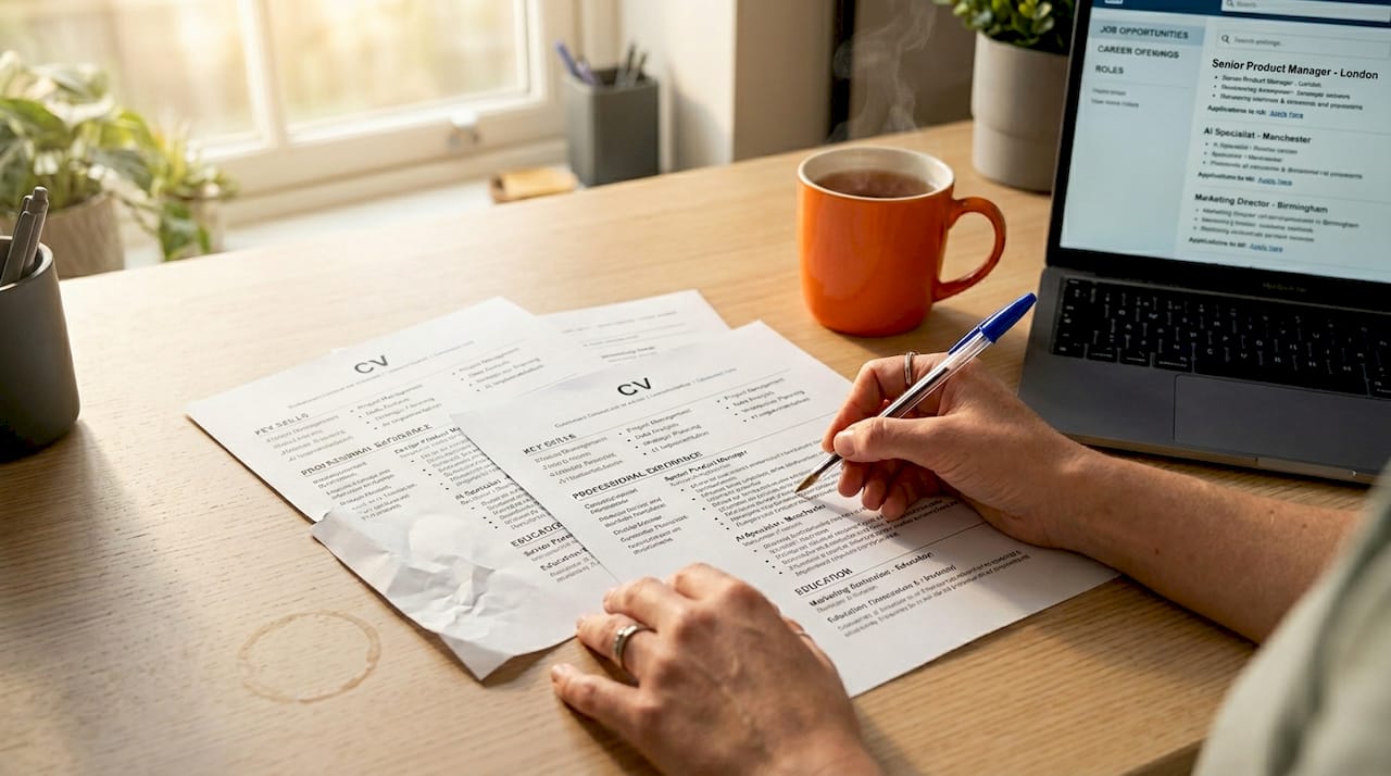Hands editing CV bullet points with red pen