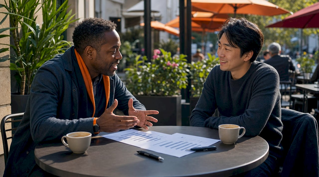Two men discussing customized resumes in office