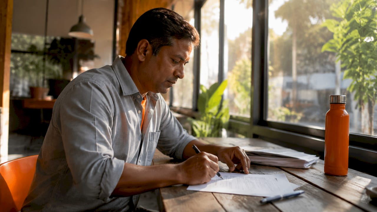 Hands editing tailored résumé at coworking desk