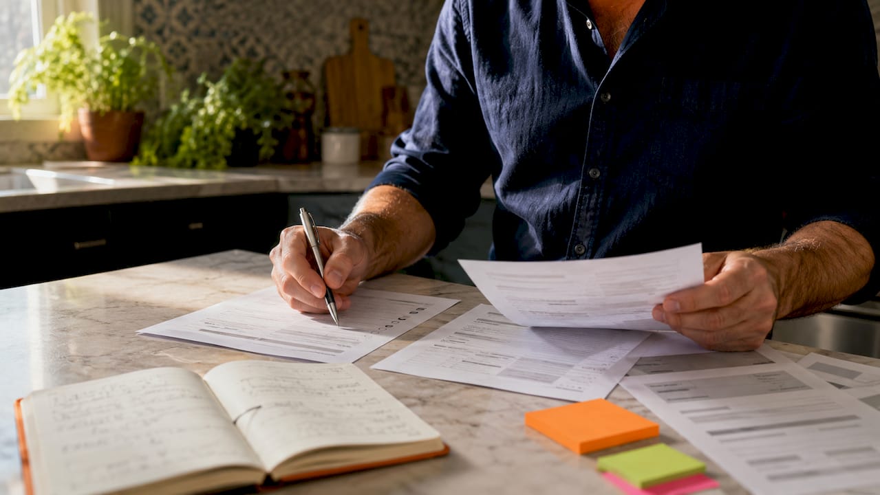 Close-up hands sorting contract CV checklists