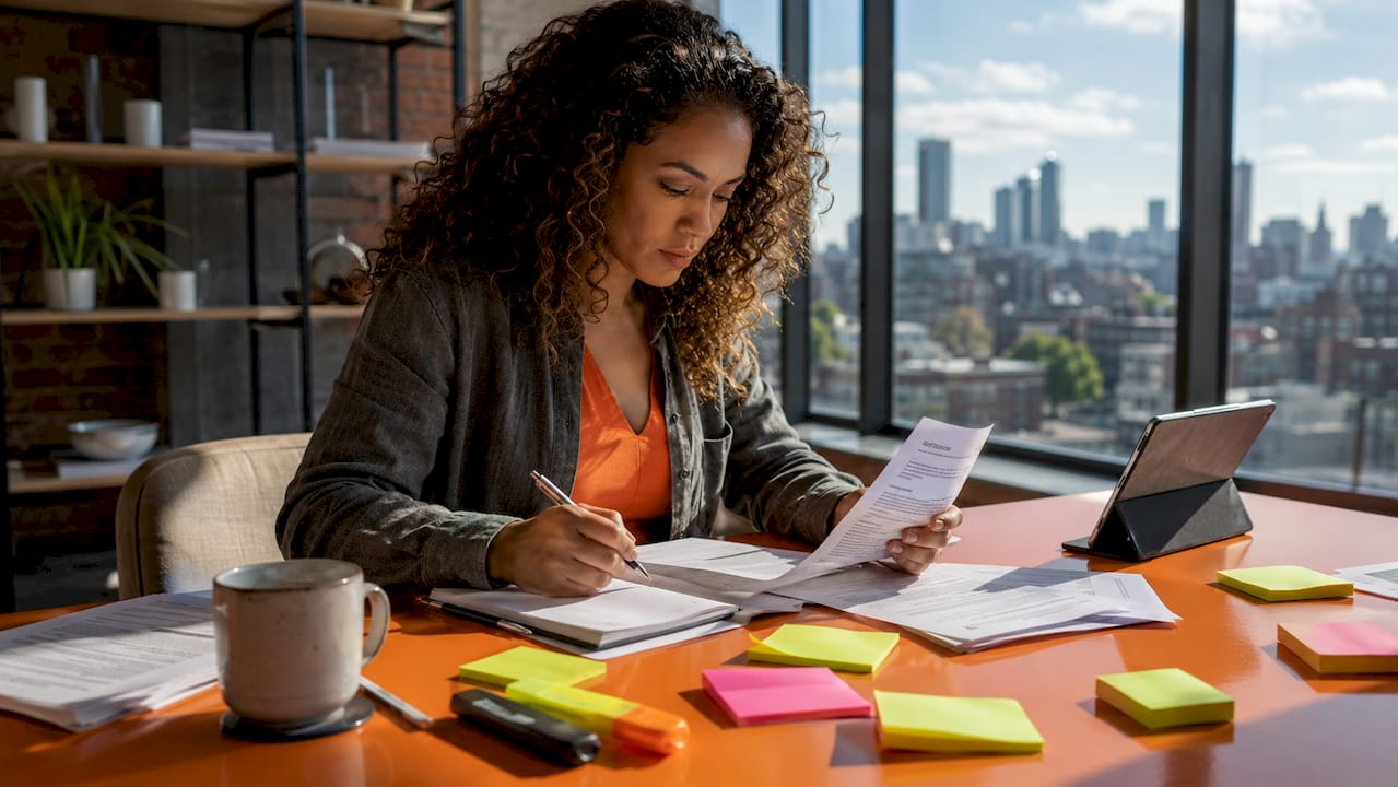 Woman cross-referencing job description with CV pages
