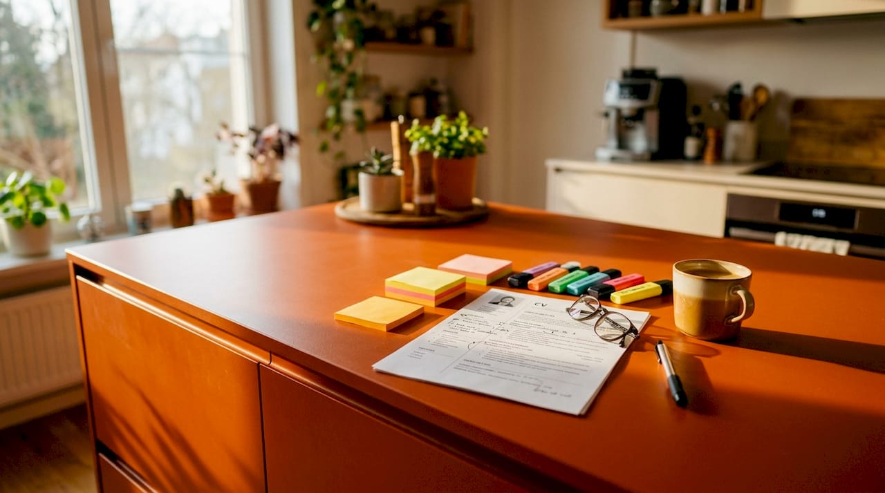 Work desk with CV and office items