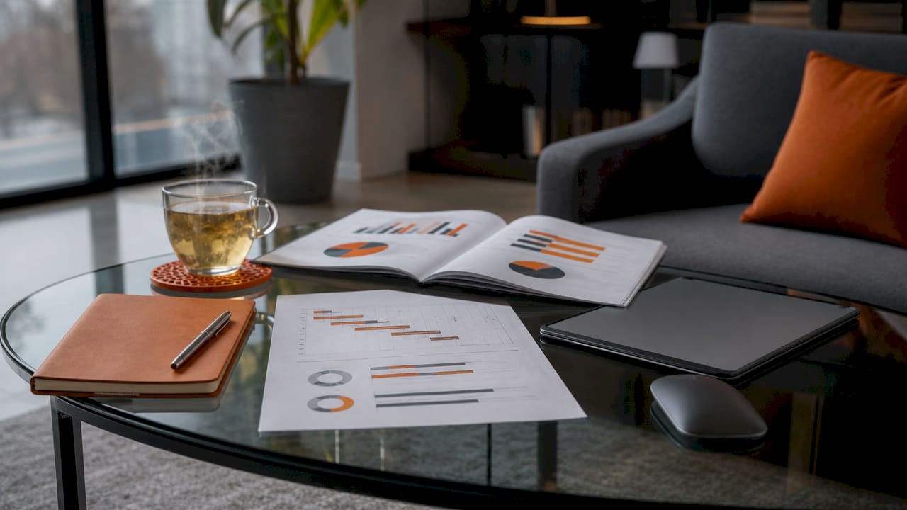 Overhead view of CV and reports on office table