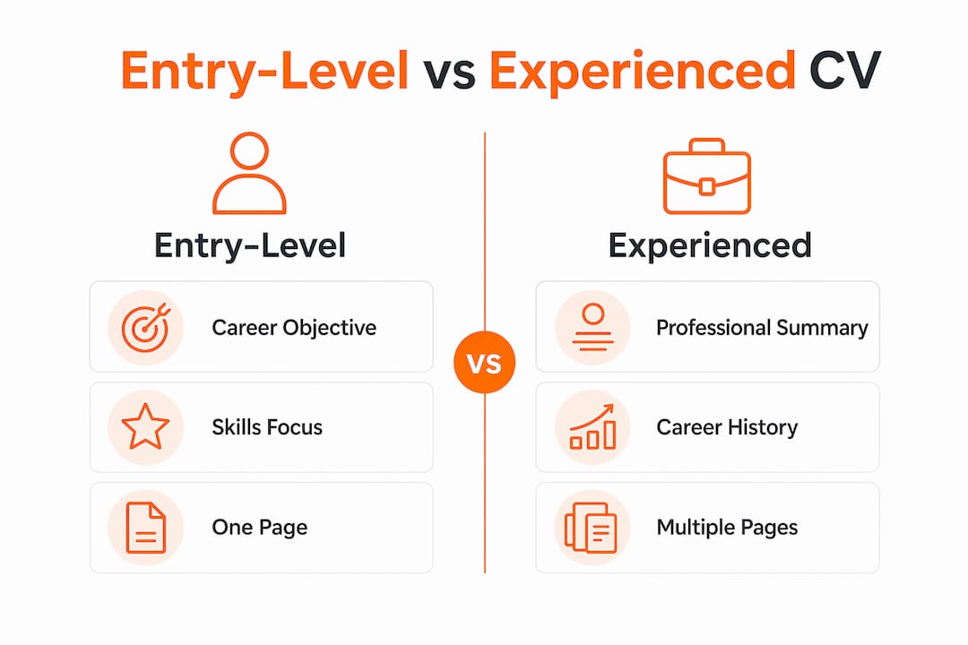 Comparison infographic of entry-level vs experienced CV features